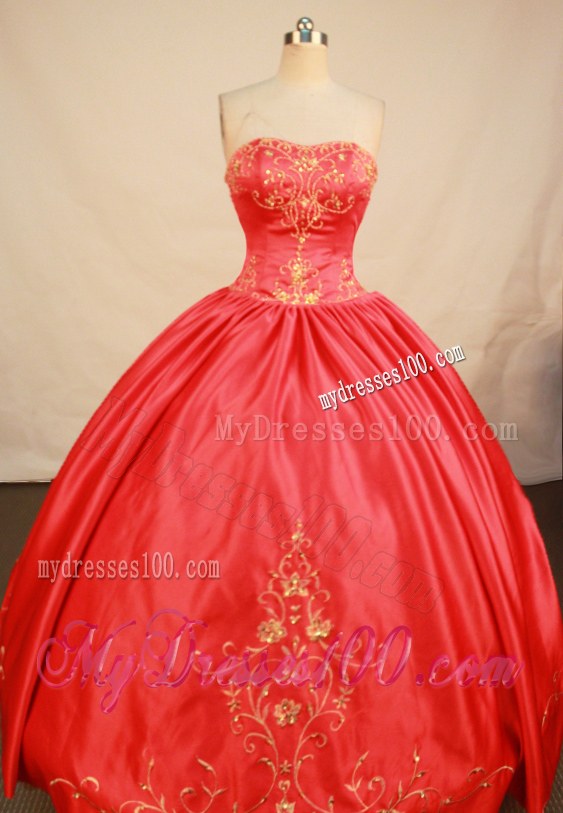 Red Satin Ball Gown Quince Dress with Gold Embroidery for Cheap
